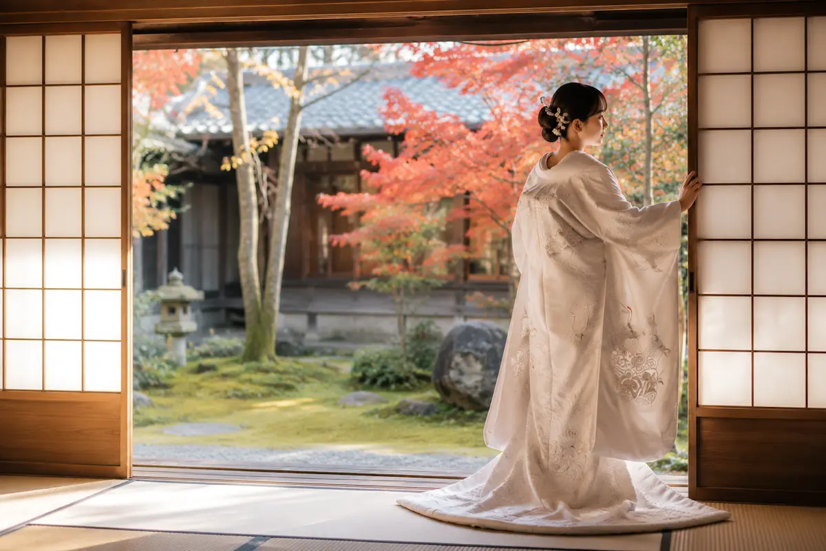 秋の庭園 白無垢で障子を開ける新婦