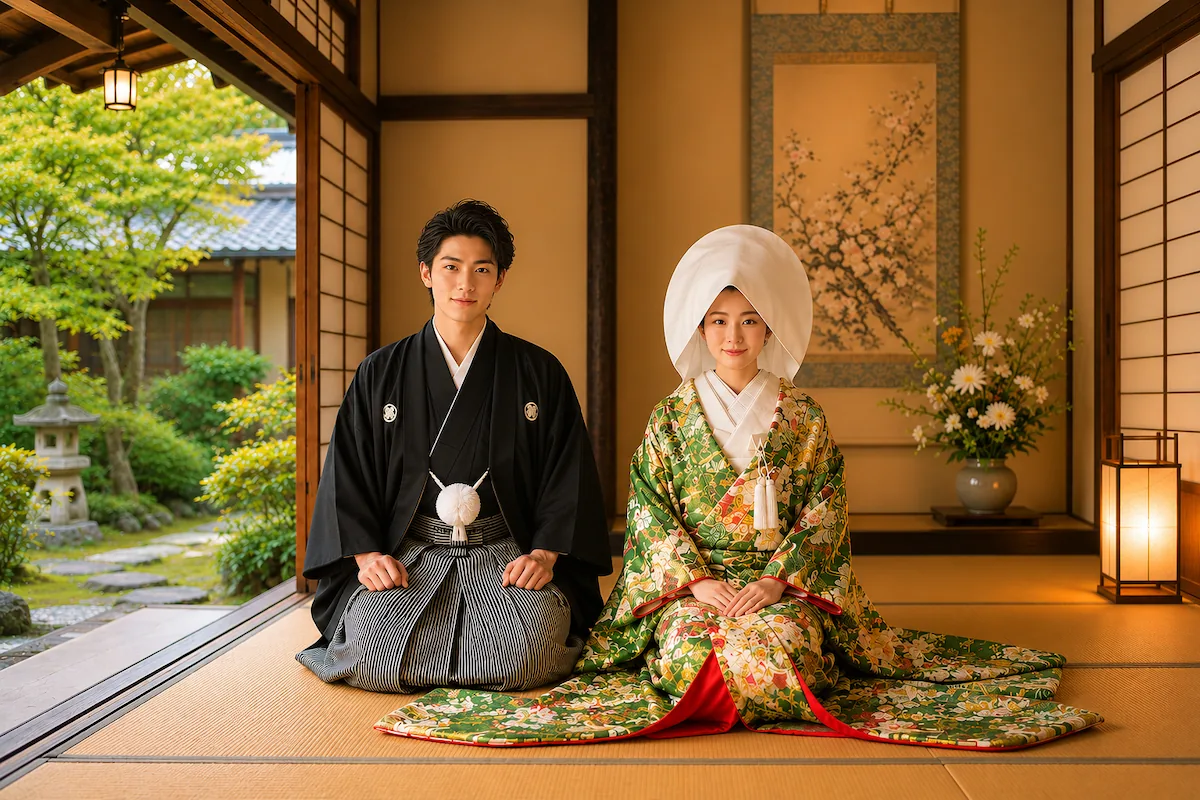 和室 庭園 色打掛の新郎新婦